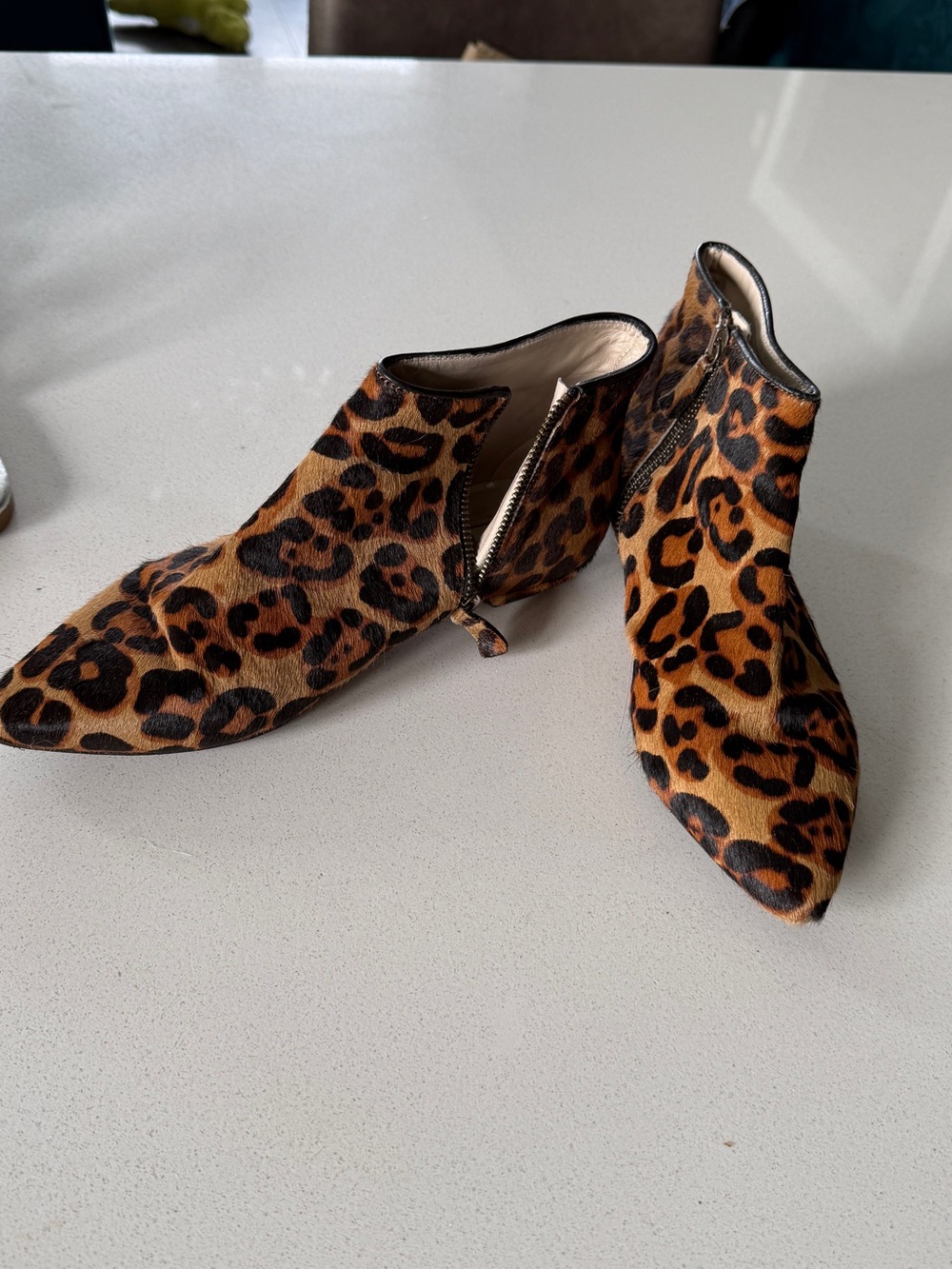 Boden Leopard-Print Ponyhair Pointed Ankle Booties in Brown and Black